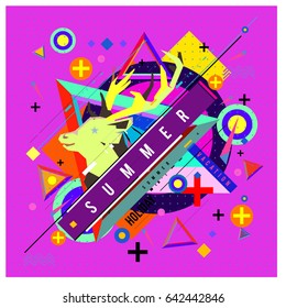 Trendy vector summer cards illustration with deer icon and abstract elements colorful textures. Design for poster, card, invitation, brochure, and promotion template. Fashion art print and background.