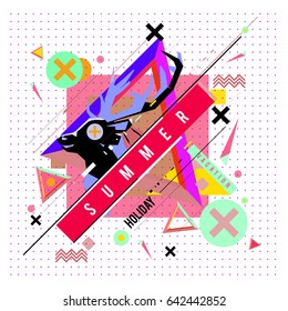 Trendy vector summer cards illustration with deer icon and abstract elements colorful textures. Design for poster, card, invitation, brochure, and promotion template. Fashion art print and background.