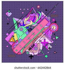 Trendy vector summer cards illustration with deer icon and abstract elements colorful textures. Design for poster, card, invitation, brochure, and promotion template. Fashion art print and background.