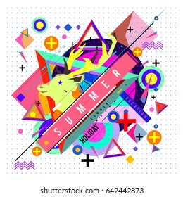Trendy vector summer cards illustration with deer icon and abstract elements colorful textures. Design for poster, card, invitation, brochure, and promotion template. Fashion art print and background.