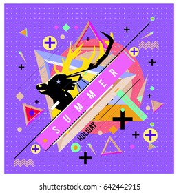 Trendy vector summer cards illustration with deer icon and abstract elements colorful textures. Design for poster, card, invitation, brochure, and promotion template. Fashion art print and background.