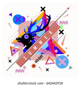 Trendy vector summer cards illustration with deer icon and abstract elements colorful textures. Design for poster, card, invitation, brochure, and promotion template. Fashion art print and background.