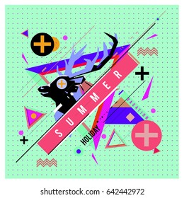 Trendy vector summer cards illustration with deer icon and abstract elements colorful textures. Design for poster, card, invitation, brochure, and promotion template. Fashion art print and background.