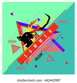 Trendy vector summer cards illustration with deer icon and abstract elements colorful textures. Design for poster, card, invitation, brochure, and promotion template. Fashion art print and background.