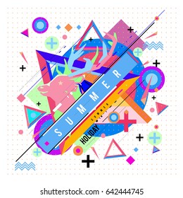 Trendy vector summer cards illustration with deer icon and abstract elements colorful textures. Design for poster, card, invitation, brochure, and promotion template. Fashion art print and background.