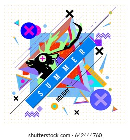 Trendy vector summer cards illustration with deer icon and abstract elements colorful textures. Design for poster, card, invitation, brochure, and promotion template. Fashion art print and background.