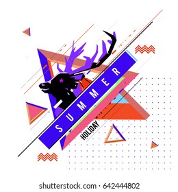 Trendy vector summer cards illustration with deer icon and abstract elements colorful textures. Design for poster, card, invitation, brochure, and promotion template. Fashion art print and background.