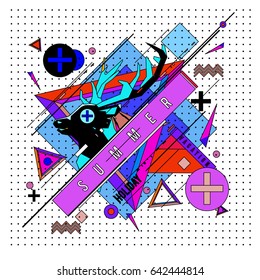 Trendy vector summer cards illustration with deer icon and abstract elements colorful textures. Design for poster, card, invitation, brochure, and promotion template. Fashion art print and background.