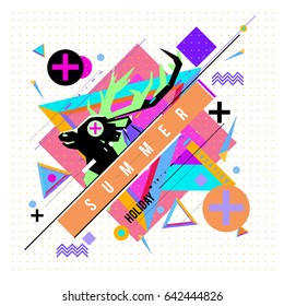 Trendy vector summer cards illustration with deer icon and abstract elements colorful textures. Design for poster, card, invitation, brochure, and promotion template. Fashion art print and background.