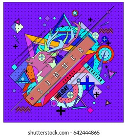 Trendy vector summer cards illustration with deer icon and abstract elements colorful textures. Design for poster, card, invitation, brochure, and promotion template. Fashion art print and background.