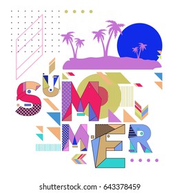 Trendy vector summer cards illustration with memphis style typography and abstract elements. Design for poster, card, invitation, brochure, and promotion template. Fashion art print and background.