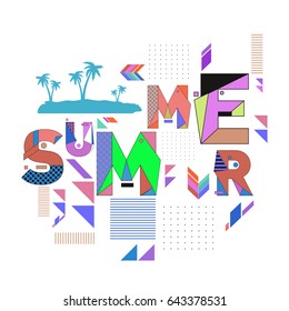 Trendy vector summer cards illustration with memphis style typography and abstract elements. Design for poster, card, invitation, brochure, and promotion template. Fashion art print and background.