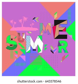 Trendy vector summer cards illustration with memphis style typography and abstract elements. Design for poster, card, invitation, brochure, and promotion template. Fashion art print and background.