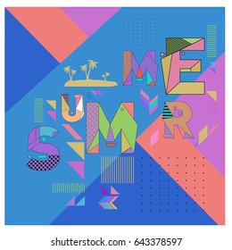 Trendy vector summer cards illustration with memphis style typography and abstract elements. Design for poster, card, invitation, brochure, and promotion template. Fashion art print and background.