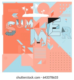 Trendy vector summer cards illustration with memphis style typography and abstract elements. Design for poster, card, invitation, brochure, and promotion template. Fashion art print and background.