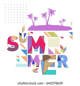 Trendy vector summer cards illustration with memphis style typography and abstract elements. Design for poster, card, invitation, brochure, and promotion template. Fashion art print and background.