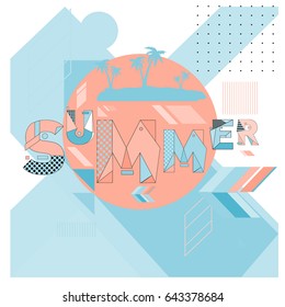 Trendy vector summer cards illustration with memphis style typography and abstract elements. Design for poster, card, invitation, brochure, and promotion template. Fashion art print and background.