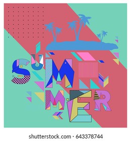 Trendy vector summer cards illustration with memphis style typography and abstract elements. Design for poster, card, invitation, brochure, and promotion template. Fashion art print and background.