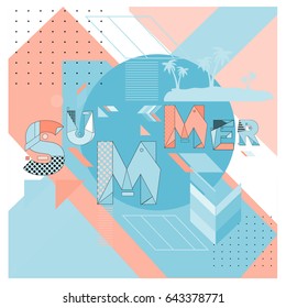Trendy vector summer cards illustration with memphis style typography and abstract elements. Design for poster, card, invitation, brochure, and promotion template. Fashion art print and background.