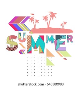 Trendy vector summer cards illustration with memphis style typography and abstract elements. Design for poster, card, invitation, brochure, and promotion template. Fashion art print and background.