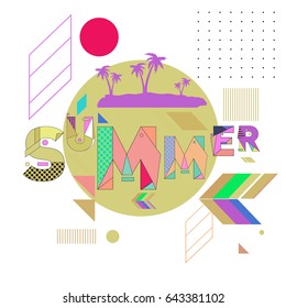 Trendy vector summer cards illustration with memphis style typography and abstract elements. Design for poster, card, invitation, brochure, and promotion template. Fashion art print and background.