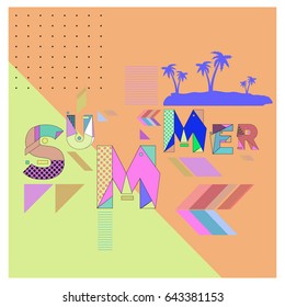 Trendy vector summer cards illustration with memphis style typography and abstract elements. Design for poster, card, invitation, brochure, and promotion template. Fashion art print and background.