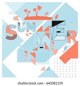 Trendy vector summer cards illustration with memphis style typography and abstract elements. Design for poster, card, invitation, brochure, and promotion template. Fashion art print and background.