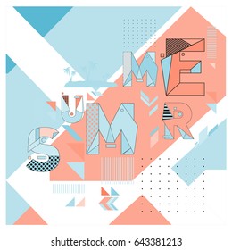 Trendy vector summer cards illustration with memphis style typography and abstract elements. Design for poster, card, invitation, brochure, and promotion template. Fashion art print and background.