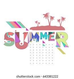 Trendy vector summer cards illustration with memphis style typography and abstract elements. Design for poster, card, invitation, brochure, and promotion template. Fashion art print and background.