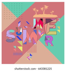 Trendy vector summer cards illustration with memphis style typography and abstract elements. Design for poster, card, invitation, brochure, and promotion template. Fashion art print and background.