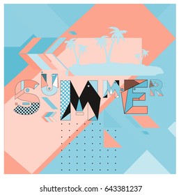 Trendy vector summer cards illustration with memphis style typography and abstract elements. Design for poster, card, invitation, brochure, and promotion template. Fashion art print and background.