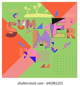 Trendy vector summer cards illustration with memphis style typography and abstract elements. Design for poster, card, invitation, brochure, and promotion template. Fashion art print and background.