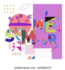 Trendy vector summer cards illustration with memphis style typography and abstract elements. Design for poster, card, invitation, brochure, and promotion template. Fashion art print and background.