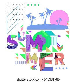 Trendy vector summer cards illustration with memphis style typography and abstract elements. Design for poster, card, invitation, brochure, and promotion template. Fashion art print and background.