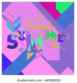 Trendy vector summer cards illustration with memphis style typography and abstract elements. Design for poster, card, invitation, brochure, and promotion template. Fashion art print and background.