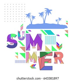 Trendy vector summer cards illustration with memphis style typography and abstract elements. Design for poster, card, invitation, brochure, and promotion template. Fashion art print and background.