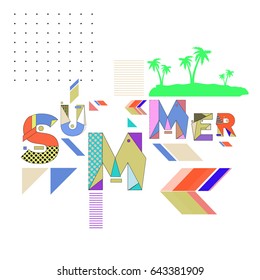 Trendy vector summer cards illustration with memphis style typography and abstract elements. Design for poster, card, invitation, brochure, and promotion template. Fashion art print and background.