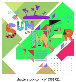 Trendy vector summer cards illustration with memphis style typography and abstract elements. Design for poster, card, invitation, brochure, and promotion template. Fashion art print and background.