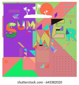 Trendy vector summer cards illustration with memphis style typography and abstract elements. Design for poster, card, invitation, brochure, and promotion template. Fashion art print and background.