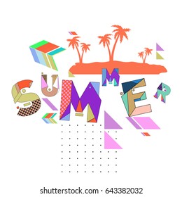 Trendy vector summer cards illustration with memphis style typography and abstract elements. Design for poster, card, invitation, brochure, and promotion template. Fashion art print and background.