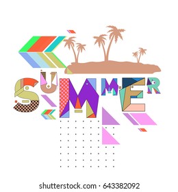 Trendy vector summer cards illustration with memphis style typography and abstract elements. Design for poster, card, invitation, brochure, and promotion template. Fashion art print and background.