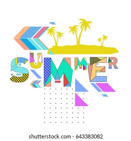 Trendy vector summer cards illustration with memphis style typography and abstract elements. Design for poster, card, invitation, brochure, and promotion template. Fashion art print and background.