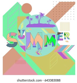 Trendy vector summer cards illustration with memphis style typography and abstract elements. Design for poster, card, invitation, brochure, and promotion template. Fashion art print and background.