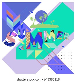 Trendy vector summer cards illustration with memphis style typography and abstract elements. Design for poster, card, invitation, brochure, and promotion template. Fashion art print and background.