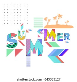 Trendy vector summer cards illustration with memphis style typography and abstract elements. Design for poster, card, invitation, brochure, and promotion template. Fashion art print and background.