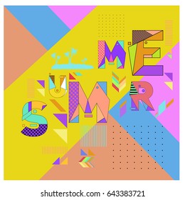 Trendy vector summer cards illustration with memphis style typography and abstract elements. Design for poster, card, invitation, brochure, and promotion template. Fashion art print and background.