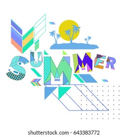 Trendy vector summer cards illustration with memphis style typography and abstract elements. Design for poster, card, invitation, brochure, and promotion template. Fashion art print and background.