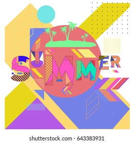 Trendy vector summer cards illustration with memphis style typography and abstract elements. Design for poster, card, invitation, brochure, and promotion template. Fashion art print and background.