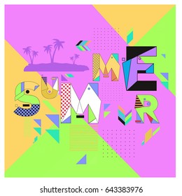 Trendy vector summer cards illustration with memphis style typography and abstract elements. Design for poster, card, invitation, brochure, and promotion template. Fashion art print and background.