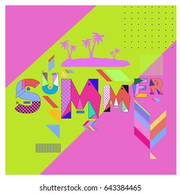 Trendy vector summer cards illustration with memphis style typography and abstract elements. Design for poster, card, invitation, brochure, and promotion template. Fashion art print and background.